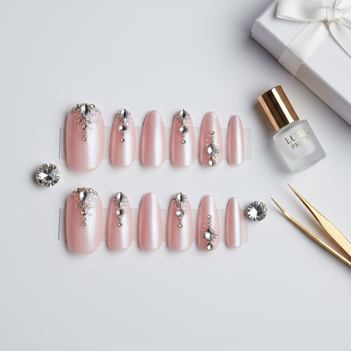 Crystal rhinestone press-on nails in almond shape with blush pink base
