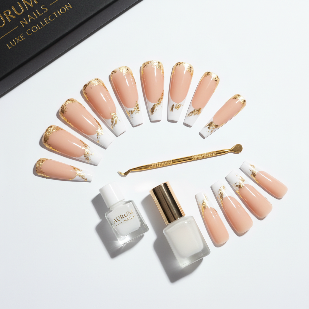 French tip gold foil press-on nails long coffin shape